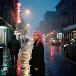 street of philadelphia, photography, night, rain, mist, a girl with pink hair, cinestill 8 0 0 t, in the style of william eggleston