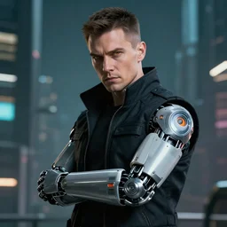 4 0 years old white man detective cyberpunk handsome with a cybernetic arm and orange eyes with an eye implant