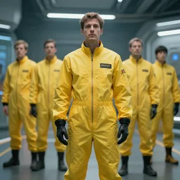 futuristic world with people wearing yellow jump suits, 8 k resolution, cinematic lighting, anatomically correct