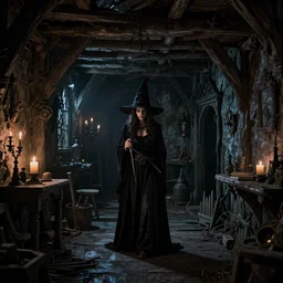 A witch in the shadows of a dark decrepit medieval cottage at night, highly detailed interior, hyperrealistic, Lumion render, 8k UHD