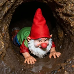 clown gnome crawling in a slimy wet cave