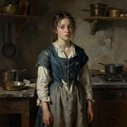 young Cosette in a dark, dirty kitchen, looking pitiful wearing ragged peasant clothing from Les Miserables, detailed oil painting by Jacques Louis David