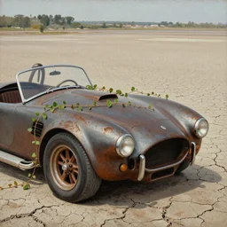 closeup of rusty shelby cobra, vine covered, desert, cracked dry lake bed, by Zdzislaw Beksinski, Norman Rockwell, al duke, da vinci, highly detailed, soft lighting, film grain, 8k resolution, hd, oil on canvas