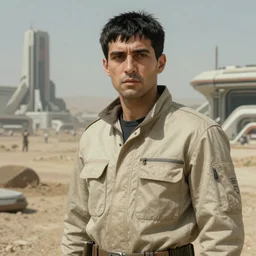 a striking hyper real scifi painting of a man in his thirties, mix of French, Turkish and Russian, short black hair with bangs, wearing a beige utilitarian jumpsuit, and in the background a desolate sci-fi setting.