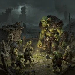 a detailed concept art of medieval orc slums. povertry. green orcs. trending on artstation, craig mullins, rutkowski