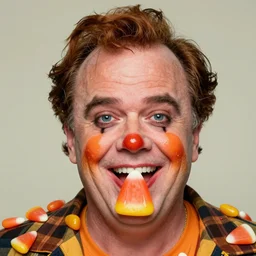 john candy, face is candy corn, skin is made of candy corn