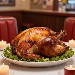 a beautiful photo of a diner table with roasted turkey, ultra realistic details, 8 k, candlelight, ambient light