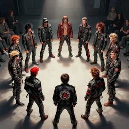 punk rock hardcore mohawks spikes leather jackets patches in a circle pit for a fashion show illustrated by wayne d barlowe