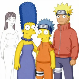 marge simpson and her new family from naruto drawn by zdislaw beksinski, hajime sorayama and moebius hyperrealistic
