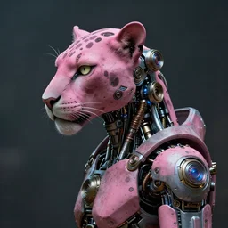 a rugged pink panther with cybernetic enhancements, scifi character portrait by greg rutkowski, esuthio, craig mullins, 1 / 4 headshot, cinematic lighting, dystopian scifi gear, gloomy, profile picture, mechanical, half robot, implants, steampunk