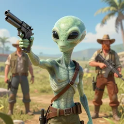 first alien to visit earth taking a selfie, with gun - toting rednecks in the background, ultra realistic digital art, 4 k