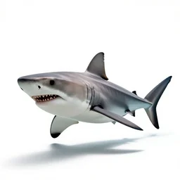 playful great white shark, studio photography, full body, isolated on a pure white background, centered, entire subject in frame, sharp focus, soft studio lighting