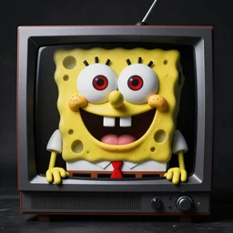 evil monochrome spongebob with scary mouth and teeth and red eyes coming out of a static tv, creepy, 4 k, dark, horror, dramatic, realistic, studio portrait, front view