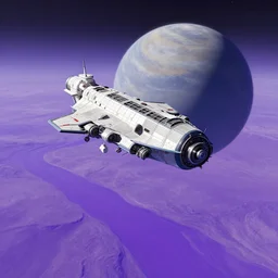 a space ship preparing to leave a planet with purple rivers, realistic