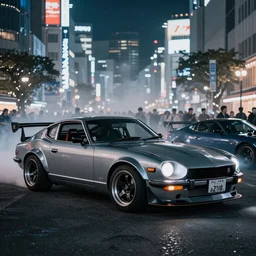 a car 300Z twin turbo drift at illegal car meet, Shibuya prefecture, city midnight mist lights, cinematic lighting, photorealistic, highly detailed wheels, high detail