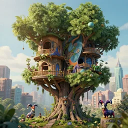 by par olofsson and tristan eaton, visually stunning, cinematic, ultra realistic, hyper realism, 1 2 k, epic, octane render, unreal engine, vfx, maya, weaving abstract geometry into everything : a lush treehouse # solarpunk, warhammer miniature of a chaos harlequin dachshund : frames from the city 🌃