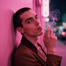 close portrait of fka twigs looking into the camera leaning back against a wall smoking a cigarette, pink neon street, 1 9 7 0 s, intricate, moody, personal, highly detailed, short focus depth, donato giancola, joseph christian leyendecker, frank frazetta, alex horley, ralph horsley, michael whelan