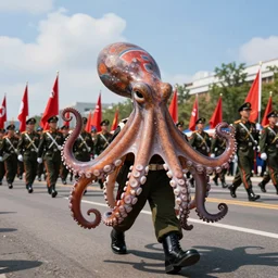 an octopus marching at a parade, octopus, north korean military parade, red flags, octopus, soldiers, by ilya kuvshinov and mikko lagerstedt, colorful