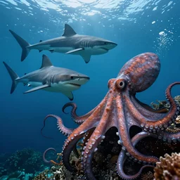 sharks vs giant pacific octopus, deep water, dramatic scene, beautiful atmosphere, by greg rutkowski and maciej rebisz, kodak portra