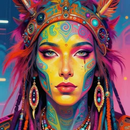 colorful detailed portrait of a hippie from the future, set in the future 2 1 5 0 | highly detailed face | very intricate | symmetrical | professional model | cinematic lighting | award - winning | painted by mandy jurgens | pan futurism, dystopian, bold colors, cyberpunk, groovy vibe, anime aesthestic | featured on artstation