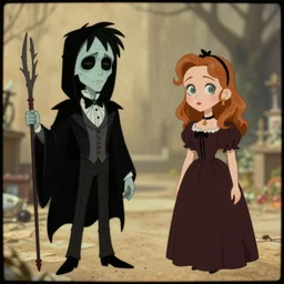 gothic 'Jack and Sally' caricatures concept art by Ralph McQuarrie, f/2.8 35mm photography, kodak gold film