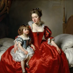 neoclassical portrait of the young red queen and her little sister in a silk dress and corset in bedroom, by jacques - louis david, by greg rutkowski, by zdzisław beksinski, by josep tapiro baro, trending on artstation, featured on pixiv, masterpiece, oil on canvas, cinematic composition, dynamic beautiful lighting,