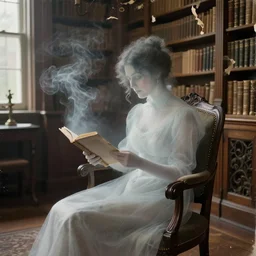 1 9 th century photography, eerie transparent ghost of an ambient victorian woman reading in a chair, in well - lit art nouveau library room, ambient smoke, torn photograph, photorealistic
