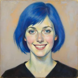 a beautiful painting of a smiling woman with short blue hair representative of the art style of artgerm and wlop and peter mohrbacher