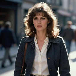 A close-up, color outdoor photograph portrait of a woman walking on the street, dramatic backlighting, 1970 photo from Live Magazine.