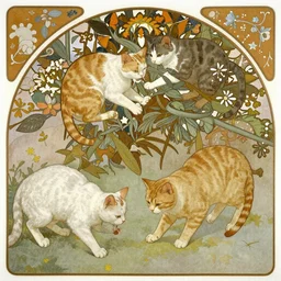 cats eating human,by alfons mucha