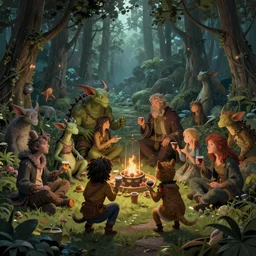 party in the forest, many fantasy creature are invited, DND, fantasy art, by noah bradley