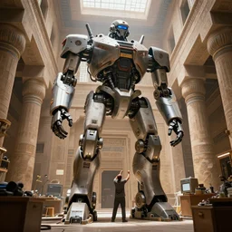 a man reparing a huge sci fi robot in a shop, sci fi, futuristic, middle eastern architecture interior, light coming through windows, huge robot symmetrical design, full body, full profile, inside of an egyptian temple, artstation, volumetric light, artstation, octane render, redshift render, low angle camera, intricate, 8 k, matte painting, volumetric lighting, cinematic composition, -