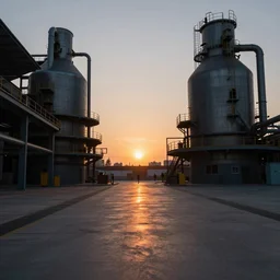 inside a giant blast furnace watching a beautiful sunset first person