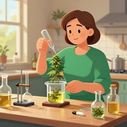 cartoon political illustration of environment portrait ; sensible australian middle aged female cannabis science experiment in homely kitchen environment, luxury beakers funnels and jars, extraction of oil from the plant, medicine, caustics, glassware, natural sunlight, octane render 8 k trending on artstation