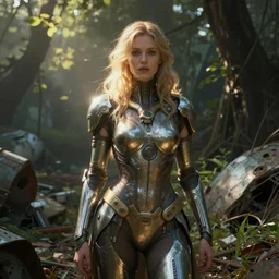 an intricate concept painting of a futuristic woman standing in a junkyard undergrowth, style ivan talavera and artgerm, radiant lighting, hyper realistic, photorealistic, octane render, artstation, cgsociety, cinematic light, global illumination, sci - fi