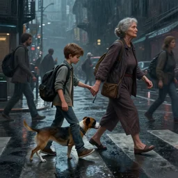 a matte painting of a young boy and his pet dog helping an old woman to cross a busy bladerunner street, moody settings, rainy evening, water reflection on the floor, Ray tracing, detailed render . digital painting by Greg Rutkowski and James Gurney, trending on Artstation, highly detailed