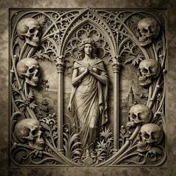 detailed realistic memento mori engraving by cameron gray, gothic ornament, skulls, bones, art nouveau, neogothic, ornate art nouveau botanicals, horizontal symmetry