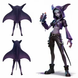 character design sheets for a fashionable nonbinary androgynous gothic manta ray humanoid person with manta ray arms who sells empty spray paint cans as a scam and is always covered in paint and acting shady, designed by splatoon nintendo, inspired by tim shafer psychonauts 2 by double fine, cgi, professional design, gaming