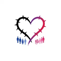 minimalist logo on white background. black, purple, red, blue, pink. flowing brushstrokes. motifs include heart, thorns, brambles, community, roses, society.
