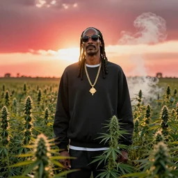 a still of Snoop Dogg wearing  sunglasses standing in a large field of Marijuana plants. Shallow depth of field. Magic hour, backlit, lens flare, red sky, smoke in the air.
