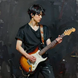large brush abstract! painting candid view of a young korean male musician wearing stylish black v neck t shirt holding a telecaster!!! electric guitar!!, thick flowing dramatic brush strokes, dark matte colors, abstract, impressionist, motion, trending on artstation