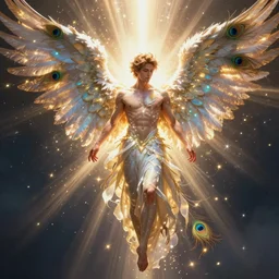 beautiful full body male angel with peacock feathers ,wings with eyes, shining light, god rays by Karol Bak, Ayami Kojima, Amano