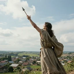 a god in tke sky throwing spears from his hands into a village