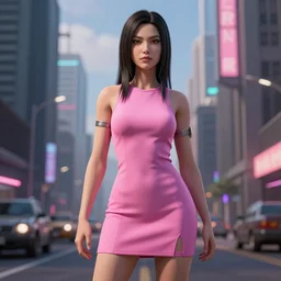 blade runner city vicious girl in a short pink dress, 3d realistic photo 8k