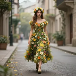 lonely druid walking through a street in a skirt made out of flowers, fantasy, detailed, high quality, trending on artstation, digital art