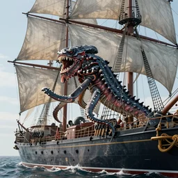 a kraken in a fishernet on board of a sailingship, unreal engine, octane render, style of midjourney