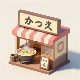 outside view of miniature classic ramen shop, studio ghibli style, hayao miyazaki, clean, low poly art, very detailed, isometric view, artstation, behance, global illumination, 3 d illustration, kawaii, pastel colors