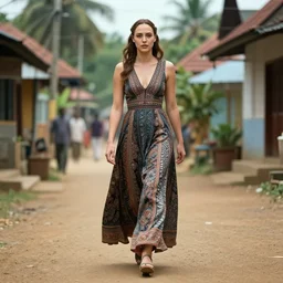 gal gadot walking in the steets of a kerala village wearing a designer dress, cinematic, volumetric lighting, hdr