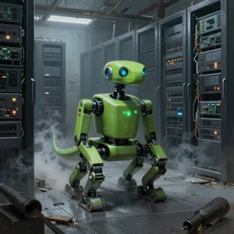 boston dynamics green lizard robot in gloomy ruined server room in datacenter painting concept art, sharp focus, emitting diodes, smoke, artillery, pacing, computers, racks, motherboard, by pascal blanche rutkowski artstation detailed matte painting, 4 k resolution