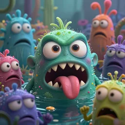intricate colourful murky with strange cute friendly angry crazy pixar creatures with huge beauty eyes long tongue triangle teeth and scary face appearing from the water, in the style of craola, shallow depth of field, highly detailed, digital painting, trending artstation, concept art, illustration, cinematic lighting, vibrant colors, photorealism, epic, octane render